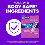 Side view of packaging listing ingredients and safety information for Tampax Radiant.
