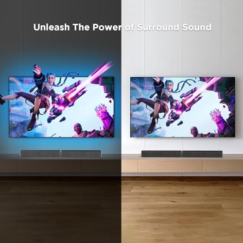 MZEIBO Bluetooth soundbar mounted on a living room wall