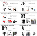 Zeyutom action camera accessory kit neatly arranged with all forty mounting pieces displayed