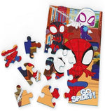Twenty-five piece squishy foam jigsaw puzzle pieces spread out on the floor
