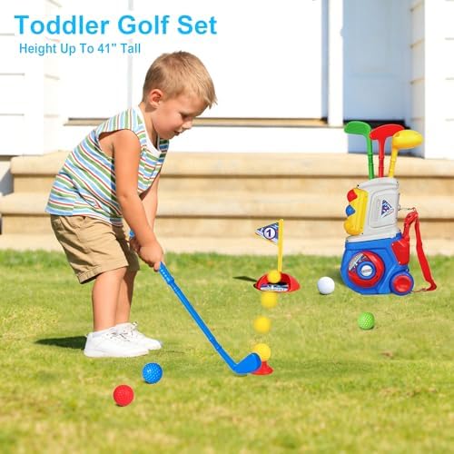 PJG kids golf set plastic clubs and cart for indoor play