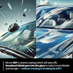 Water droplets beading up instantly on a car windshield treated with hydrophobic protection