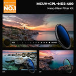 Three professional K&F Concept camera lens filters on a white background