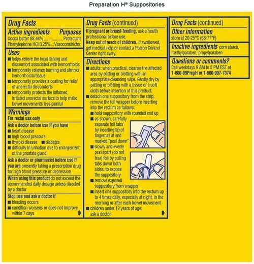 Preparation H Hemorrhoidal Suppositories back label with directions