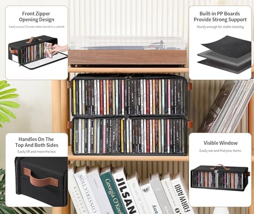 Beveetio stackable media storage box clear window revealing compact disc spine titles.