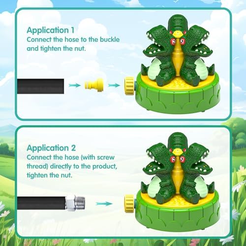 Oiimllby dinosaur splash toy showing the additional hose connector accessories included