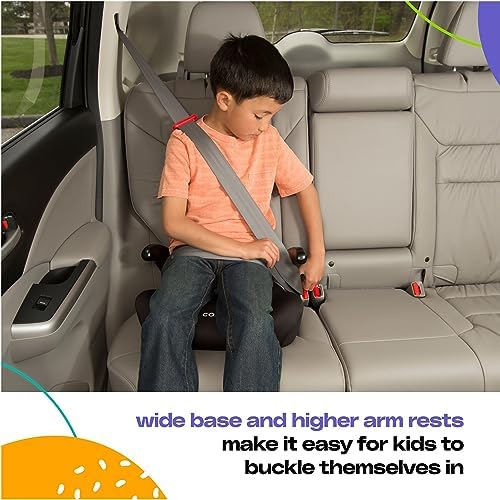 Cosco Rise booster car seat in Ripple design displaying the stable no tip platform base for safe vehicle entry