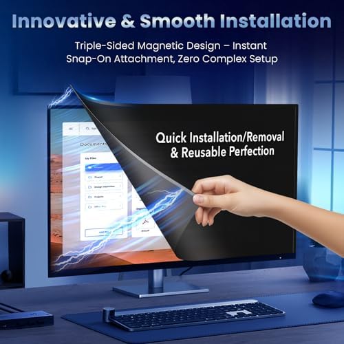 PJOVORY dual pack computer display protector demonstrating one-second snap attachment capability.
