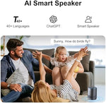 OMMC interactive voice assistant device highlighting the integrated four microphone array for noise cancellation