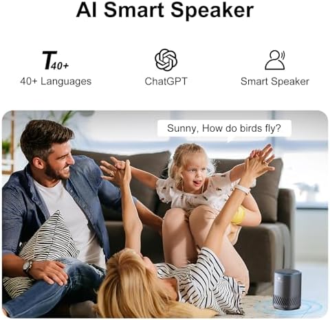 OMMC interactive voice assistant device highlighting the integrated four microphone array for noise cancellation