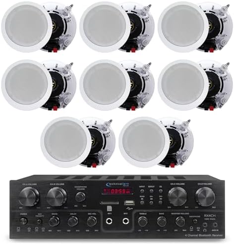 Technical Pro Home Theater System Kit with 1000 Watts 4-Chanel Bluetooth Receiver & 8 Qty 6.5" 200 Watts in-Wall in-Ceiling Speakers of 2-Way Stereo Sound with Woofer/Tweeter, Flush Design - Image 2