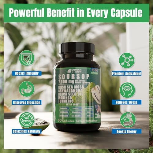Vyxion Soursop Graviola supplement bottle lifestyle placement