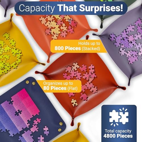 Six multi colored Kraftex sorting boxes spread out to demonstrate efficient color separation for adult puzzles.