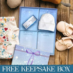 Open view of the gender neutral baby milestone journal pages showing guided prompts and photo spaces