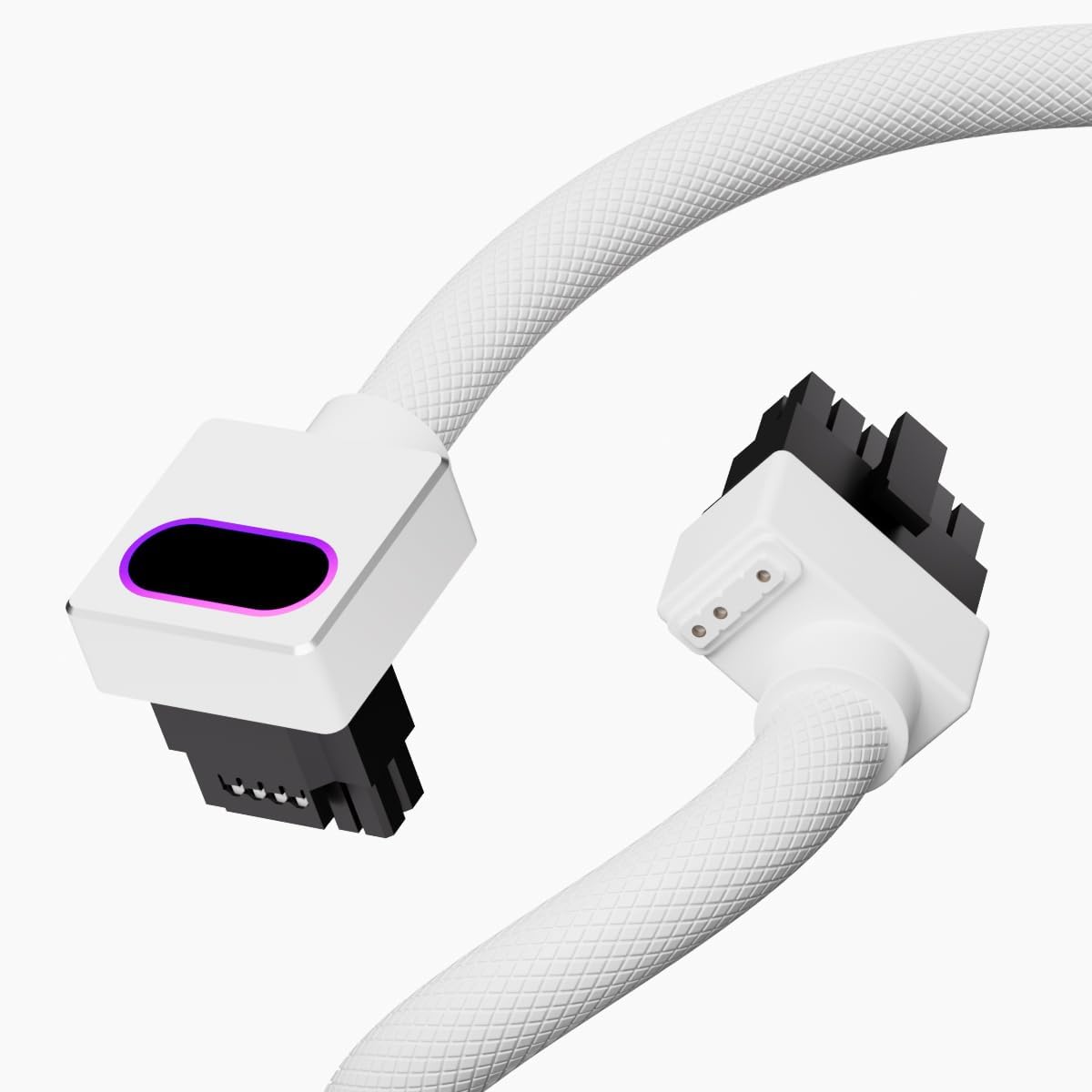 AIJS 12VHPWR 16 pin GPU modular cable front view showing white sleeving and 90 degree connector