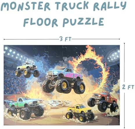 Tot Dojo giant floor puzzle fully assembled showing the colorful monster truck rally theme