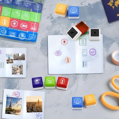 Clear plastic rectangular storage box filled with twenty-eight pieces of colorful destination stamps for children