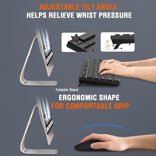 Adjustable tilt legs on the underside of a black cordless keyboard