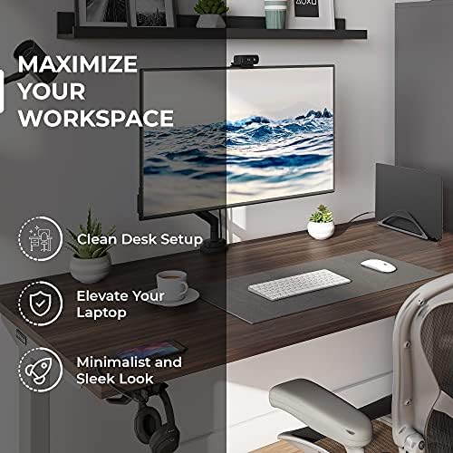 HumanCentric upright laptop holder with docked MacBook Pro office setup