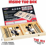 Full product packaging contents displaying the twenty total pucks and durable wooden board framework.