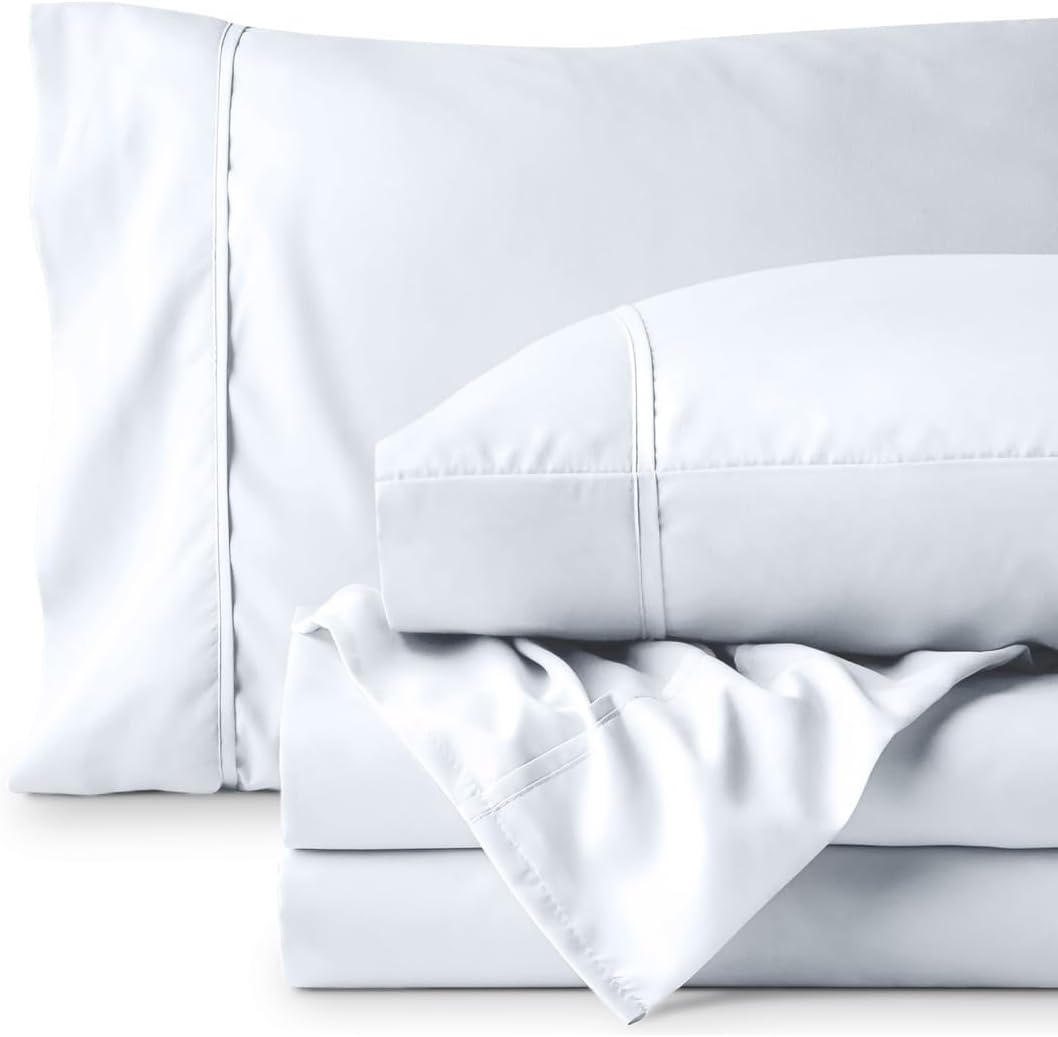 Hypoallergenic wrinkle resistant white sheet set packaged for delivery