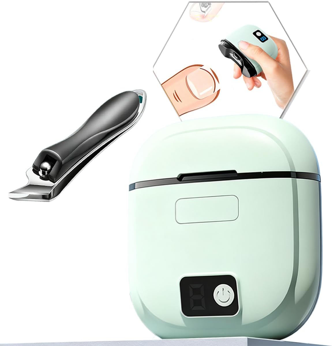 EMWEYKE electric nail clipper set front view showcasing the mint green automated device and slanted manual trimmer