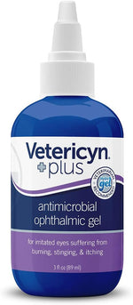 Vetericyn Plus Antimicrobial Eye Gel bottle showcasing the 3 ounce product size details.