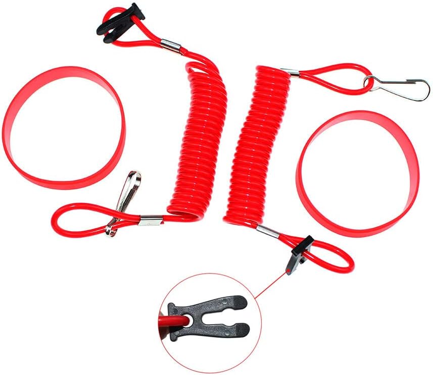 Ewon red nylon safety lanyard front view coiled emergency stop cord for marine outboards