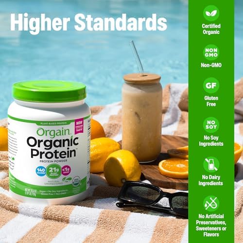 Scoop of Orgain vegan protein powder next to the 1.59 pound container
