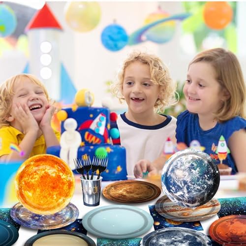 Detailed view of solar system planet print on party plates