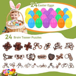 Mytothfy metal wire brain teasers displayed out of their plastic eggs.