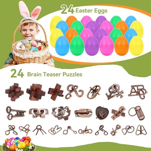 Mytothfy metal wire brain teasers displayed out of their plastic eggs.