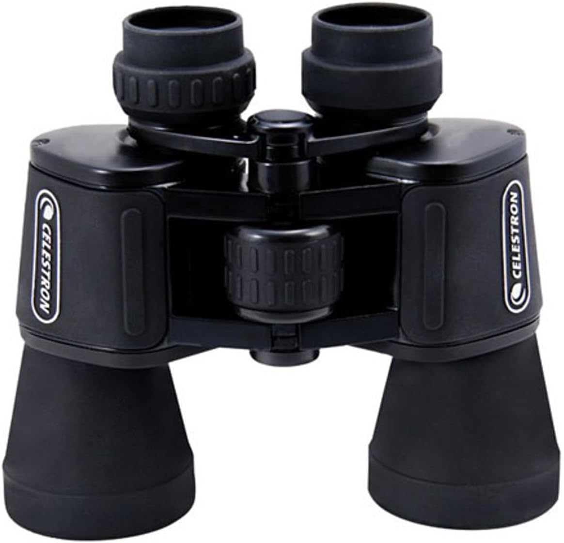 Celestron UpClose G2 ten times fifty Porro binocular front view showcasing the black rubber armor housing.