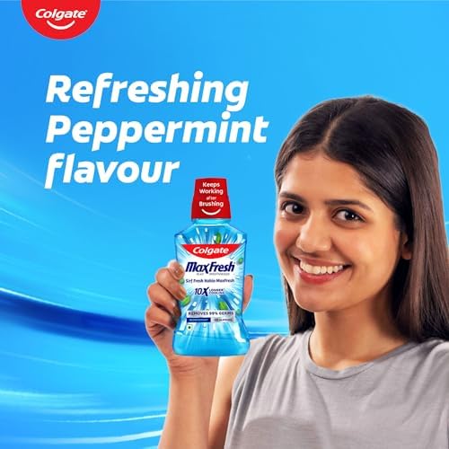 Side perspective of the two hundred and fifty milliliter Colgate peppermint oral rinse bottle