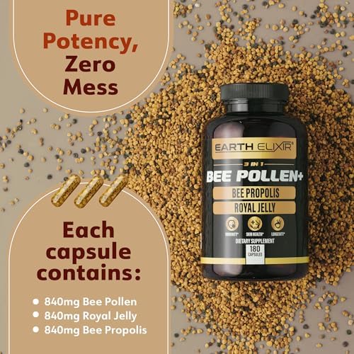 Earth Elixir bee propolis and royal jelly dietary supplement packaging showing supplement facts.