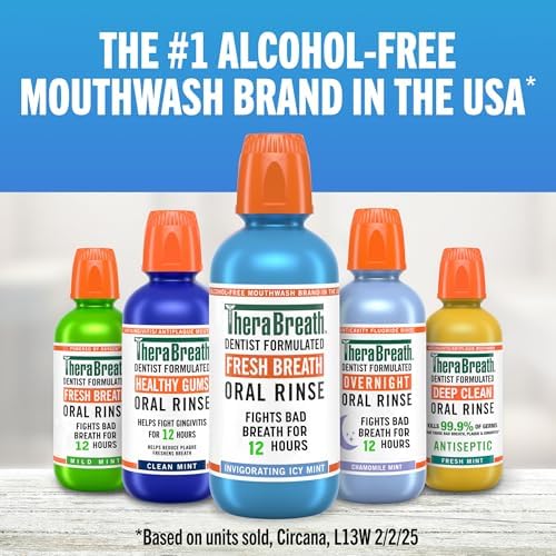 TheraBreath Fresh Breath Oral Rinse showing no alcohol and no burn icons