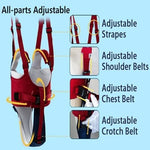 Happy Walk toddler walker harness showing shoulder strap adjustment
