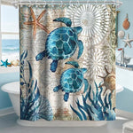 Detail view of the reinforced rust-proof metal grommets at the top of the beach theme shower curtain.