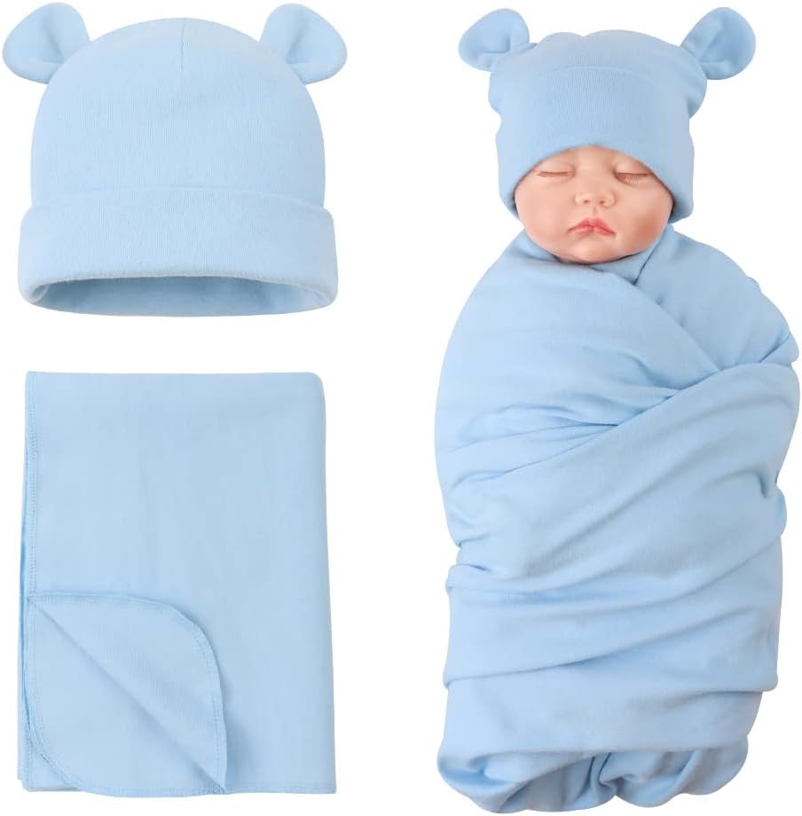 Pesaat cotton baby swaddle blanket and bear ear hat set front view