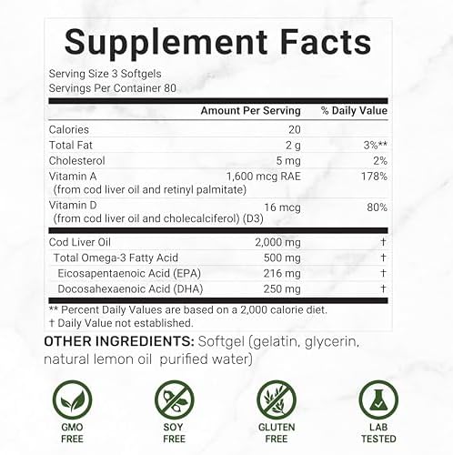 Side label of Deal Supplement Norwegian cod liver oil softgels displaying extra strength nutrient details.