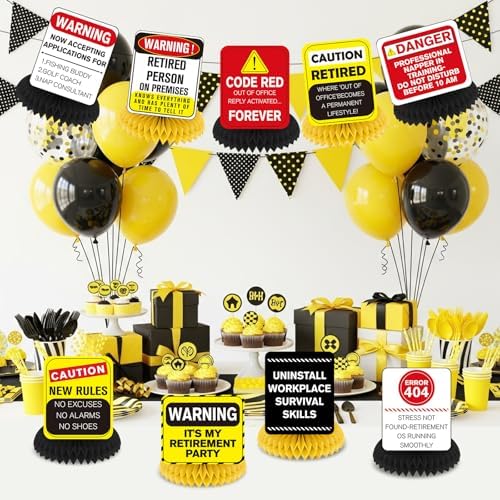 Close up of funny retirement caution sign table centerpiece