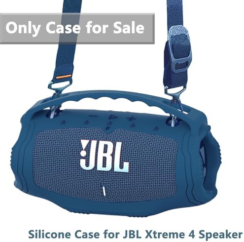 Blue silicone protective skin holder for JBL Xtreme 4 speaker highlighting the integrated handle strap.