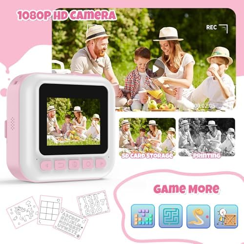 Kids portable thermal toy camera displaying dual selfie lens configuration and interactive navigation buttons