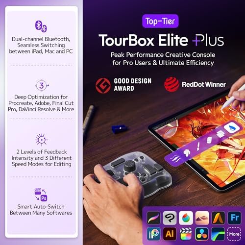 TourBox Elite Plus customizable hardware controller connected wirelessly to an Apple iPad Pro