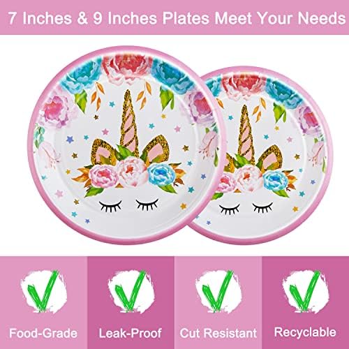 Close up of unicorn themed paper plates and forks