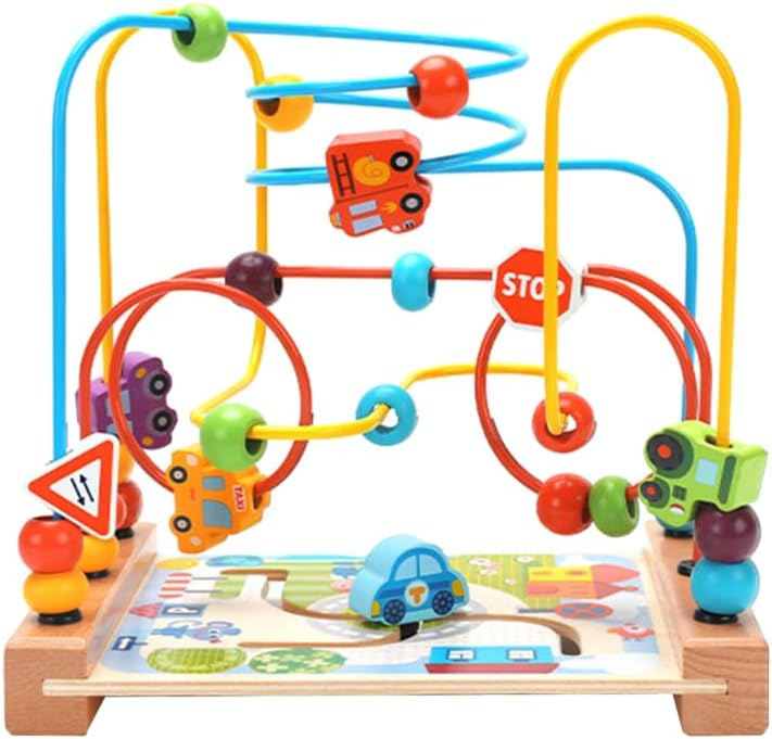 Alasum wooden bead maze toy front view showing colorful ocean themed tracks on a sturdy base.