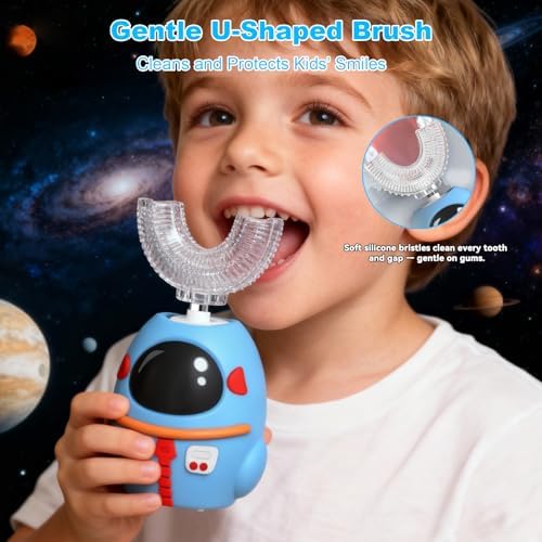 Toddler using U-shaped electric toothbrush for easy dental care