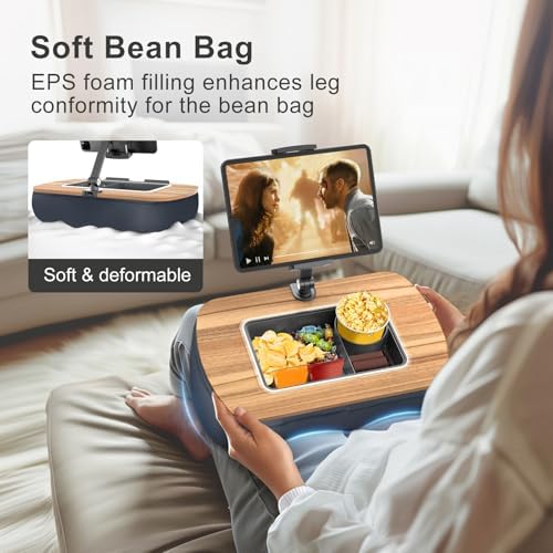 ERGONOV beanbag lap cushion close up showing the three compartment gray silicone snack bowl holding chips and a remote control.