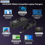 Premium universal laptop charger displaying printed voltage technical specifications and safety regulatory marks.