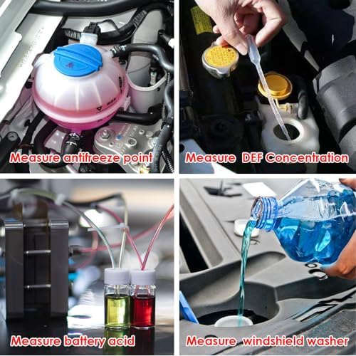 Automotive diagnostic refractometer kit including the calibration screwdriver and plastic fluid droppers inside a protective storage case